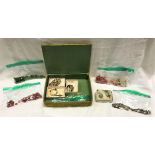 A box containing a velvet covered jewellery box containing assorted costume jewellery,