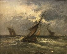 IN THE MANNER OF HENDRIK WILLEM MESDAG "Fishing boats in choppy seas" oil on canvas,