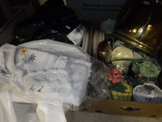 Four boxes of assorted sundry miscellaneous items to include linen, pewter wares,