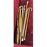 A collection of six various modern walking sticks/canes and a hanging cane with ten angle cut slits,