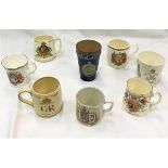 A Victorian Doulton Lambeth Golden Jubilee beaker and seven other various Royal Commemorative mugs