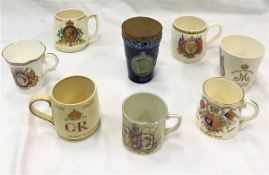 A Victorian Doulton Lambeth Golden Jubilee beaker and seven other various Royal Commemorative mugs