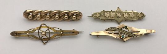A collection of four 9 carat gold Victorian bar brooches, approx 8.