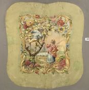 A 19th Century Aubusson seat design depicting young couple collecting fruit, oil on paper,