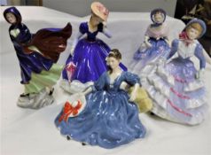 A collection of five Royal Doulton figurines comprising "May" (HN2746), "Elyse" (HN2429),