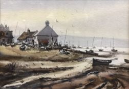 GEOFF BARTLETT "Boats at Muddeford" watercolour, signed lower right, inscribed on label verso,