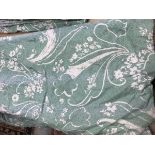 Two pairs of cotton green and cream foliate decorated interlined curtains with fixed triple pinch