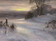 DAVID DIPNALL (British, born 1941) "Drifts in Sunset" winter landscape, oil on canvas,