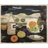 MARY FEDDEN "Fruit, Fish and Bottle" still life study, watercolour,