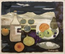 MARY FEDDEN "Fruit, Fish and Bottle" still life study, watercolour,