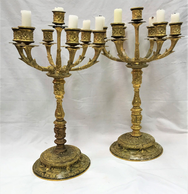 A pair of Victorian Elkington & Co gilt bronze (possibly ormolu) six branch seven light candelabra