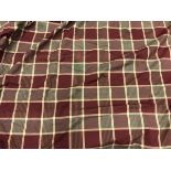 Two pairs of cotton type burgundy and green checked interlined curtains with fixed triple pinch