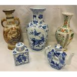 A modern Chinese blue and white baluster shaped vase, tea caddy, disc teapot,
