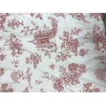 A pair of cotton type Toile de Jouy curtains in cream and red, interlined,