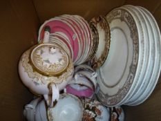 A box of china to include a Foley part tea service, Minton's "Grasmere" pattern dinner plates,