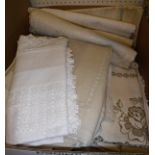 A box containing assorted vintage Irish and other table linen,