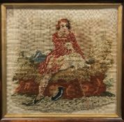 A 19th Century needlework tapestry panel depicting "A Scottish shepherd with his sheep,