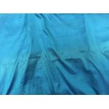 A pair of turquoise shot silk with contrasting band and piping on one edge interlined curtains with