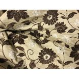 Two pairs of silk and chenille type beige and brown foliate lined curtains with fixed triple pinch