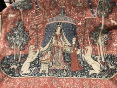 A French machine woven wall hanging depicting figures in the 15th Century manner,