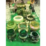 A collection of lustre glassware in the manner Loetz (some by Kralik) including pedestal bowls,