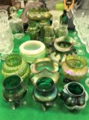 A collection of lustre glassware in the manner Loetz (some by Kralik) including pedestal bowls,