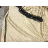 Four pairs of silk cream with gold and black braiding interlined curtains with taped pencil pleat