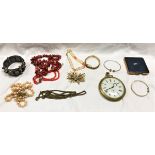 A box of assorted costume jewellery to include a bluejohn brooch, necklaces, bangles,