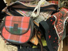 A box of assorted textiles and accessories to include a Glen Almond Tweed Company handbag,