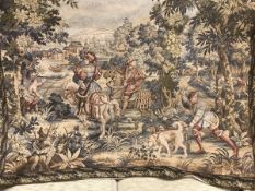 A modern Belgian style machine woven tapestry depicting riders on horseback in a landscape