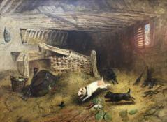 IN THE MANNER OF GEORGE ARMFIELD "Terriers ratting in a barn" 19th Century oil on canvas unsigned