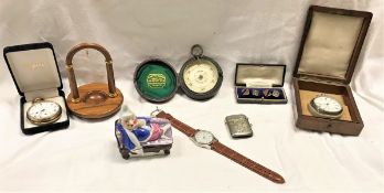 A box containing assorted sundry items to include a gold plated pocket watch,