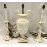 A pair of Vaughan lily of the valley pattern candlestick type table lamps and a carved alabaster