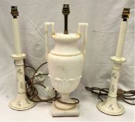 A pair of Vaughan lily of the valley pattern candlestick type table lamps and a carved alabaster