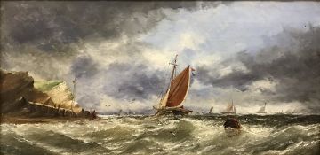 WILLIAM ANSLOW THORNLEY "Fishing Boats off the Coast with Figure on Shore", oil on canvas,