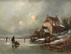 H V DONGEN "Winter Scene with Ice Skaters on a Lake" oil on board,