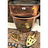 A Victorian copper copper, a copper kettle, two brass iron stands,