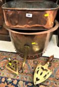 A Victorian copper copper, a copper kettle, two brass iron stands,