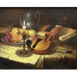 J MULLER "Still Life with Violin and Fruit" oil on canvas,