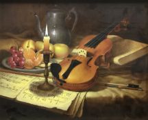 J MULLER "Still Life with Violin and Fruit" oil on canvas,