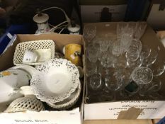 Four boxes of assorted decorative china wares to include Royal Doulton part tea set,