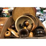 A collection of treen items to include bowls, string box, tobacco box,