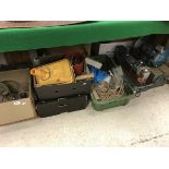 A bench grinder and a Straper 16" fretsaw together with various hand tools,