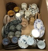 A box of assorted Japanese mainly blue and white cups and saucers to include Tachikichi, Hagiyaki,