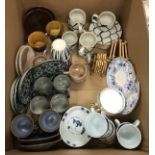 A box of assorted Japanese mainly blue and white cups and saucers to include Tachikichi, Hagiyaki,