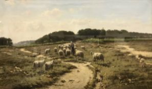 CORNELIS WESTERBEEK (1844 - 1903) "Shepherdess Driving Sheep",