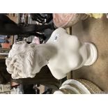 A reconstituted marble bust of a classical maiden stamped "Sculpted Arts Studio England" to back