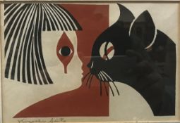 KYOSHI SAITO (1907-1992) "Girl with cat" woodblock print signed in pencil lower left