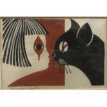 KYOSHI SAITO (1907-1992) "Girl with cat" woodblock print signed in pencil lower left