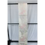 A circa 1970 silk Fukuro obi (formal summer sash) with Ayame (Iris) pattern in silver thread on a